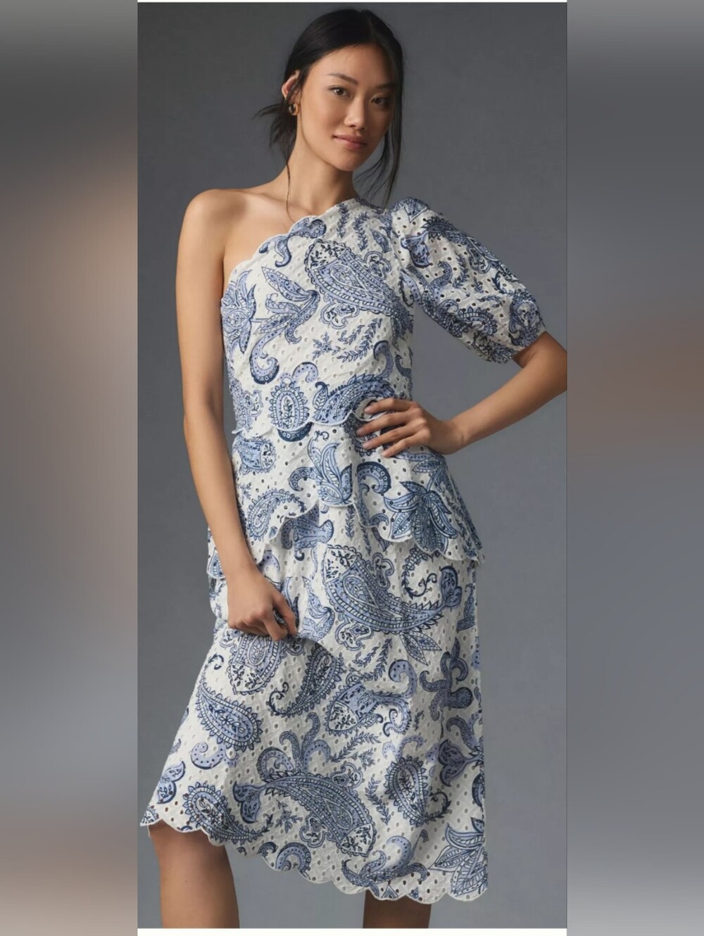 Farm Rio One-Shoulder Eyelet Midi Dress Cotton White Paisley peplum waist Sz L
